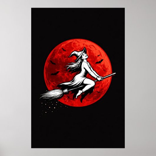Dark Witch Flying Over Red Moon Poster (Voorkant)