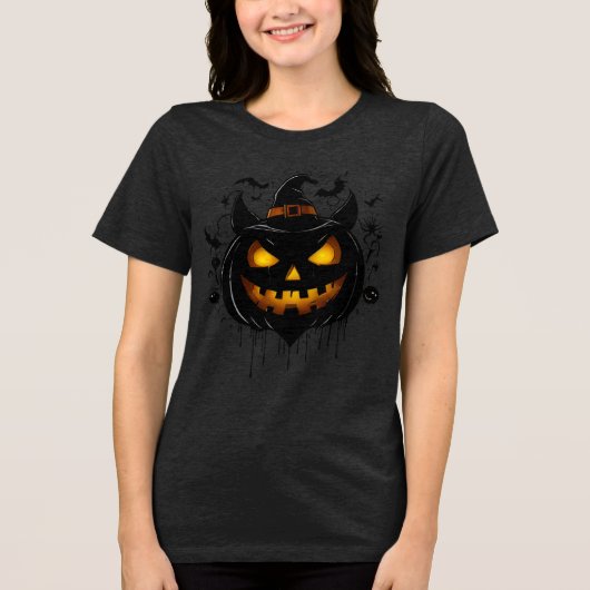 Dark Witch Pumpkin with Glowing Eyes Tri-Blend Shirt (Voorkant)