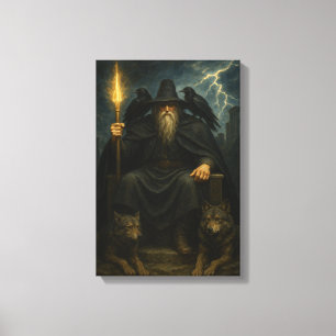 Dark Wizard met wolven en raven op de troon Canvas Afdruk