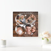 Dark Wood 4 Photo Collage Wedding Jubileum Vierkante Klok (Huis)