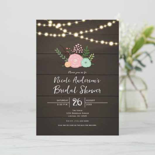 Dark Wood & Rustic Floral BRIDAL SHOWER Invitation Kaart (Staand voorkant)