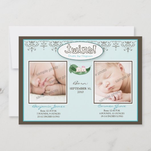 Darling 5x7 Twin Boy/Girl Aqua Birth Announounding Aankondiging (Voorkant)