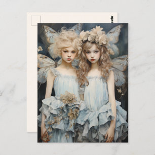 Darling feeën blauw satijn jurk  vleugels briefkaart