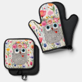 Darling Roze Kroon Bloemen Uil Ovenwant & Pannenlap Set (Voorkant / Achterkant)