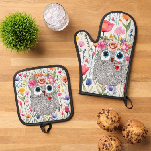 Darling Roze Kroon Bloemen Uil Ovenwant & Pannenlap Set (Top down)