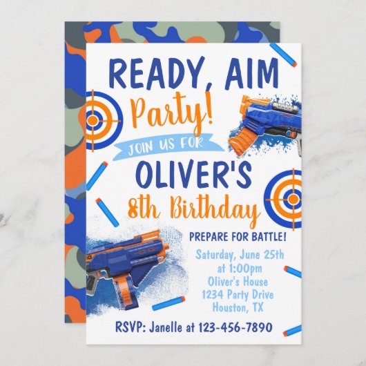 Dart-feest verjaardagsuitnodiging | Dart-pistool Kaart (Voorkant / Achterkant)