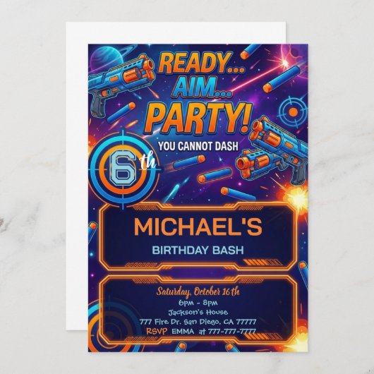 Dart Gun Birthday Invitation (Devant / Derrière)