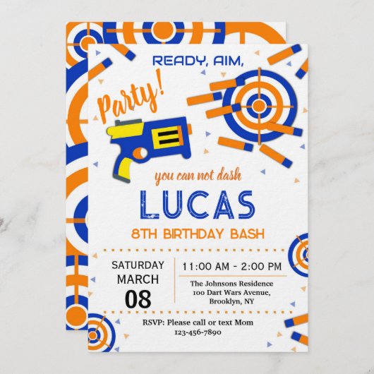 Dart Party Birthday Invitation | Dart Gun (Devant / Derrière)