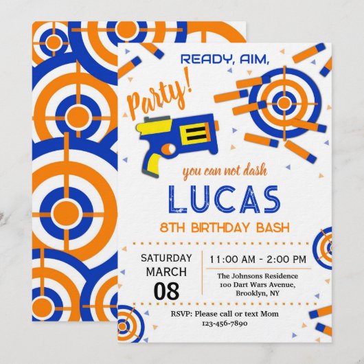 Dart Party Birthday Invitation | Dart Gun Kaart (Voorkant / Achterkant)