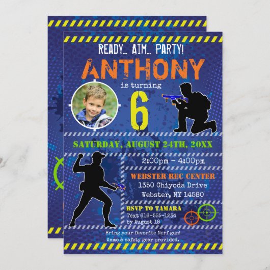Dart Photo Invitation Dart Gun fête d'anniversaire (Devant / Derrière)
