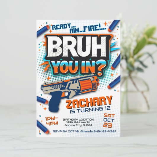 Dart pistool verjaardagsuitnodiging | Dart pistool Kaart (Staand voorkant)