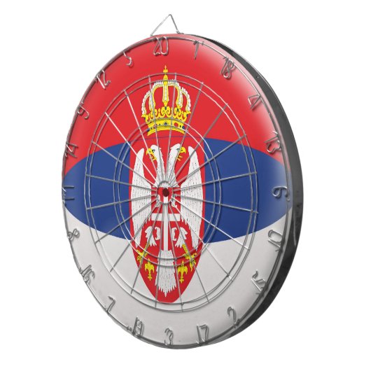 Dartboard met 6 darts Servische vlag Dartbord (Voorkant Rechts)