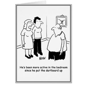 Dartbord in de slaapkamer. Grappige cartoon