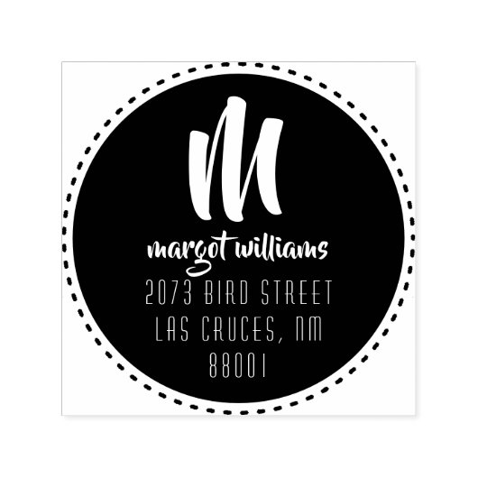 Dash Zwarte Cirkel Monogram Script Aangepast Adres Zelfinktende Stempel (Design)