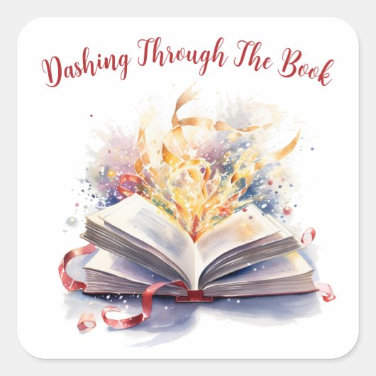 Dashing door het boek, boekenliefhebber vierkante sticker (Voorkant)