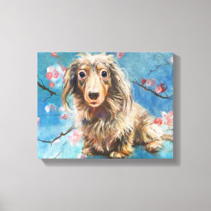 Dashund in kersenbloesems canvas afdruk