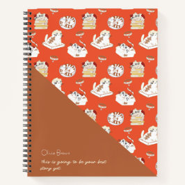 Dat Cat Life Cat Pattern Red Brown met naam Notitieboek