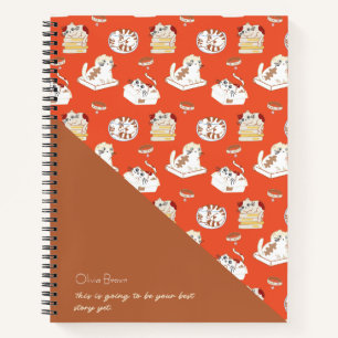 Dat Cat Life Cat Pattern Red Brown met naam Notitieboek
