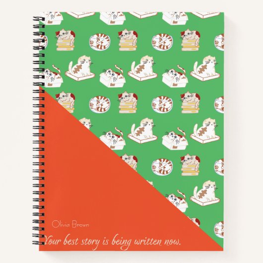 Dat Cat Life Cat Pattern Red Green met naam Notitieboek (Voorkant)