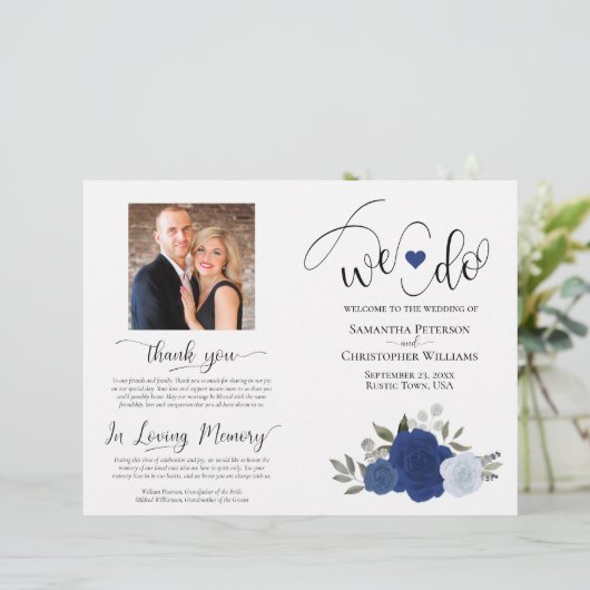 Dat doen we! Blue Boho Rozen DIY Vouw Trouwprogram (Staand voorkant)