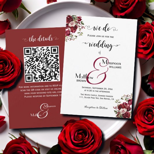 Dat doen we! Bourgogne Bloemen Script QR Code Huwe Kaart
