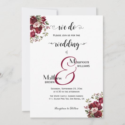 Dat doen we! Bourgogne Bloemen Script QR Code Huwe Kaart (Voorkant)