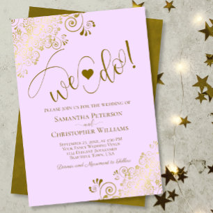 Dat doen we. Elegant Frilly Lila Paars & Gold Wedd Kaart