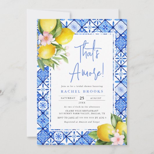 Dat is Amore Lemon Italian Blue Tegel Vrijgezellen Kaart (Voorkant)