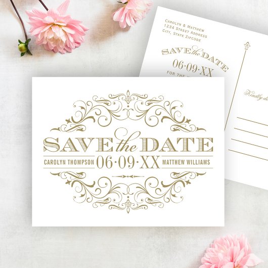 Date Blanc à motifs de rinceaux dorés rétro Save the Da
