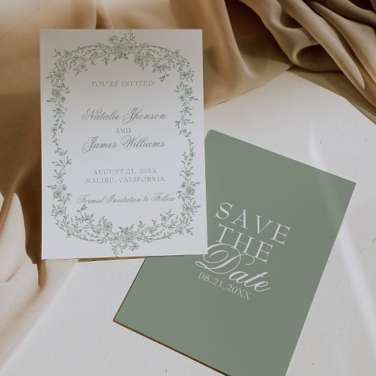 Date Boho Sage Green Floral Botanical Wedding Save The 