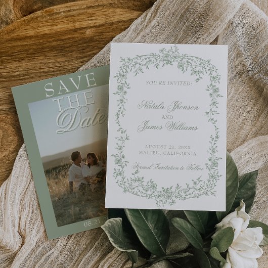 Date Boho Sage Green Floral Photo Wedding Save The 