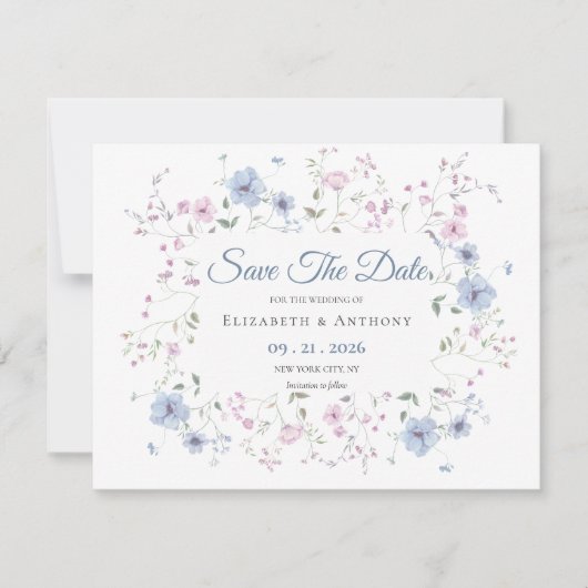 Date Elegant Pink & Dusty Blue Floral Wedding Save The (Devant)