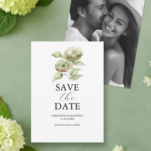 Date Green Hydrangea Wedding Save The Dates with Photo