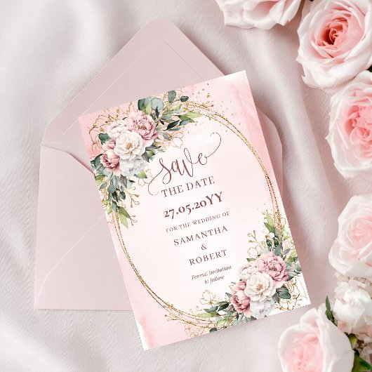 Date Jardin Bohème Fleurs Rose Poussiéreux Save The Dat