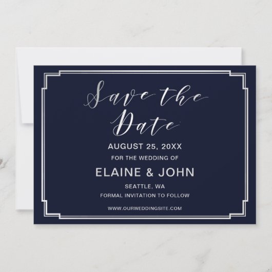 Date Mariage Argenté Classique Navy save the dates (Devant)