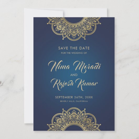 Date Mariage indien, Save the Date, Bleu et or (Devant)