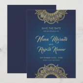 Date Mariage indien, Save the Date, Bleu et or (Devant / Derrière)