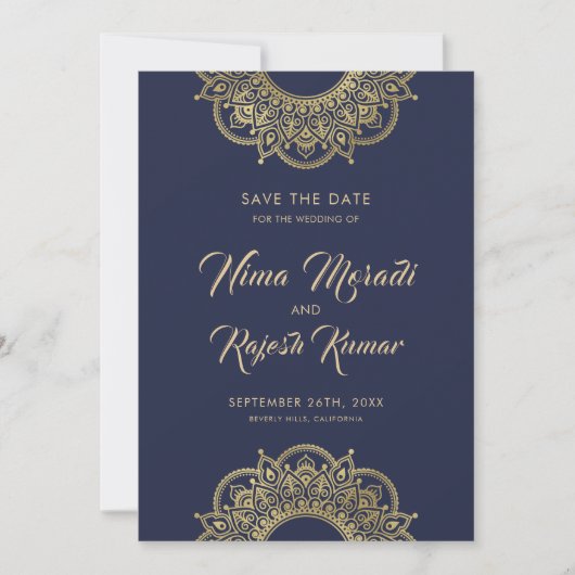 Date Mariage indien, Save the Date, Bleu et or (Devant)