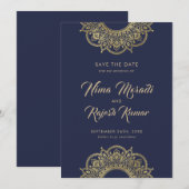 Date Mariage indien, Save the Date, Bleu et or (Devant / Derrière)