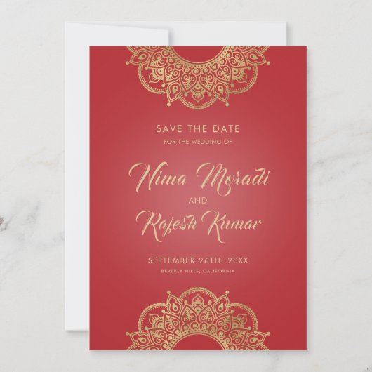 Date Mariage indien, Save The Date, Rouge et Or (Devant)