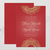 Date Mariage indien, Save The Date, Rouge et Or (Devant / Derrière)