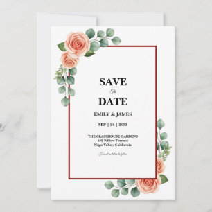 Date Peach Rose Aquarelle Eucalyptus Bordure Save the 