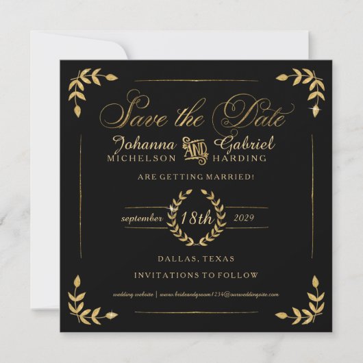 Date Photo Save the Date, Gold Laurel Leaf Typographie (Devant)