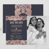 Date Rose Gold Lace et Bleu Marine Save the Dates (Devant / Derrière)