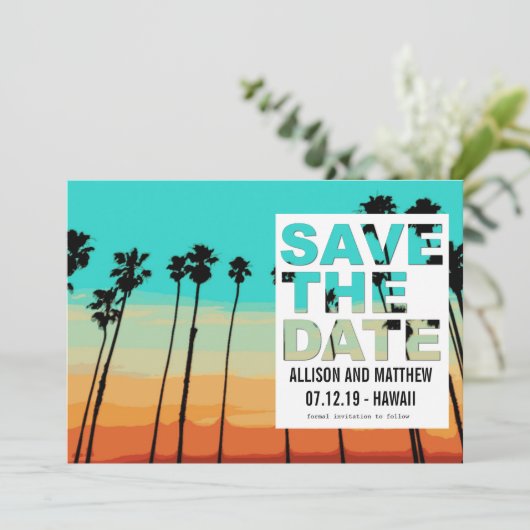 Date Sunset Palms Modern Beach Save the Dates (Debout devant)
