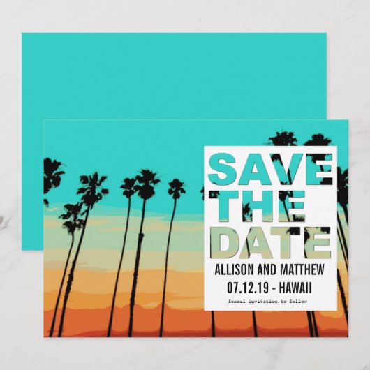 Date Sunset Palms Modern Beach Save the Dates (Devant / Derrière)