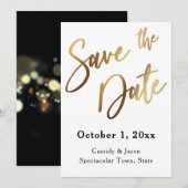 Date Typographie Gold Save the Date, Fond noir Bokeh (Devant / Derrière)