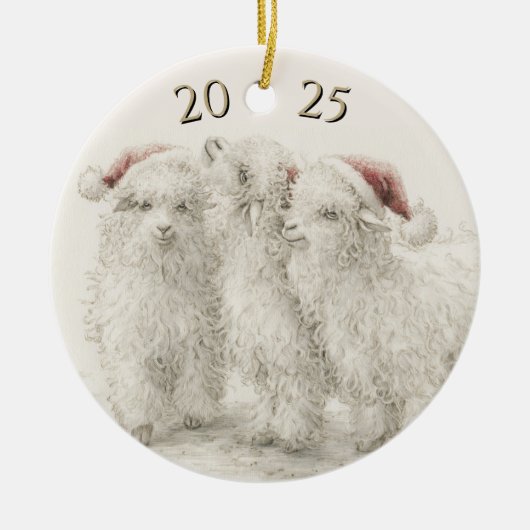 Dated Angora Goat Trio Santa Hat Christmas Keramisch Ornament (Voorkant)