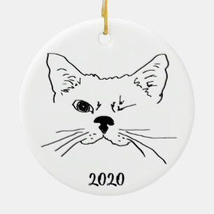 Dated Cute Smilking Winking Cat Drawing Keramisch Ornament