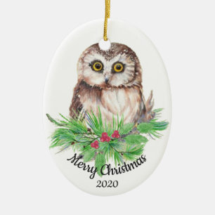 Dated Kerstmis Custom Waterverf Owl Bird Keramisch Ornament
